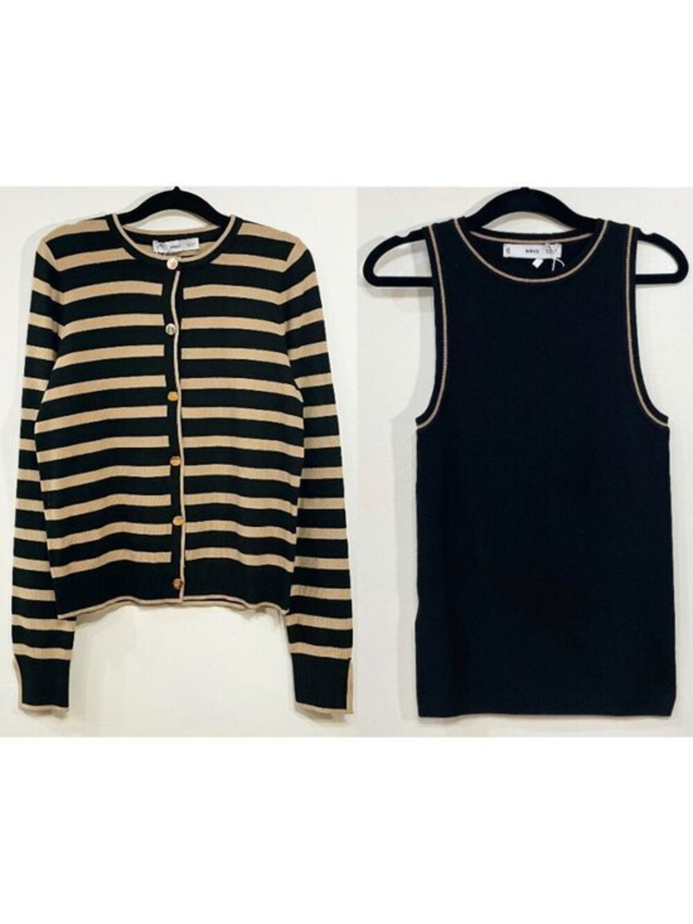 New Mango Set Striped Cardigan & Tank Top Set Black Camel XS